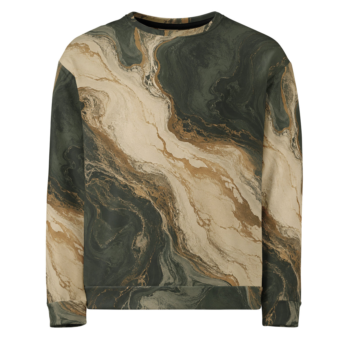 Verdant Strata unisex sweatshirt, front view – forest green, charcoal and beige marble print