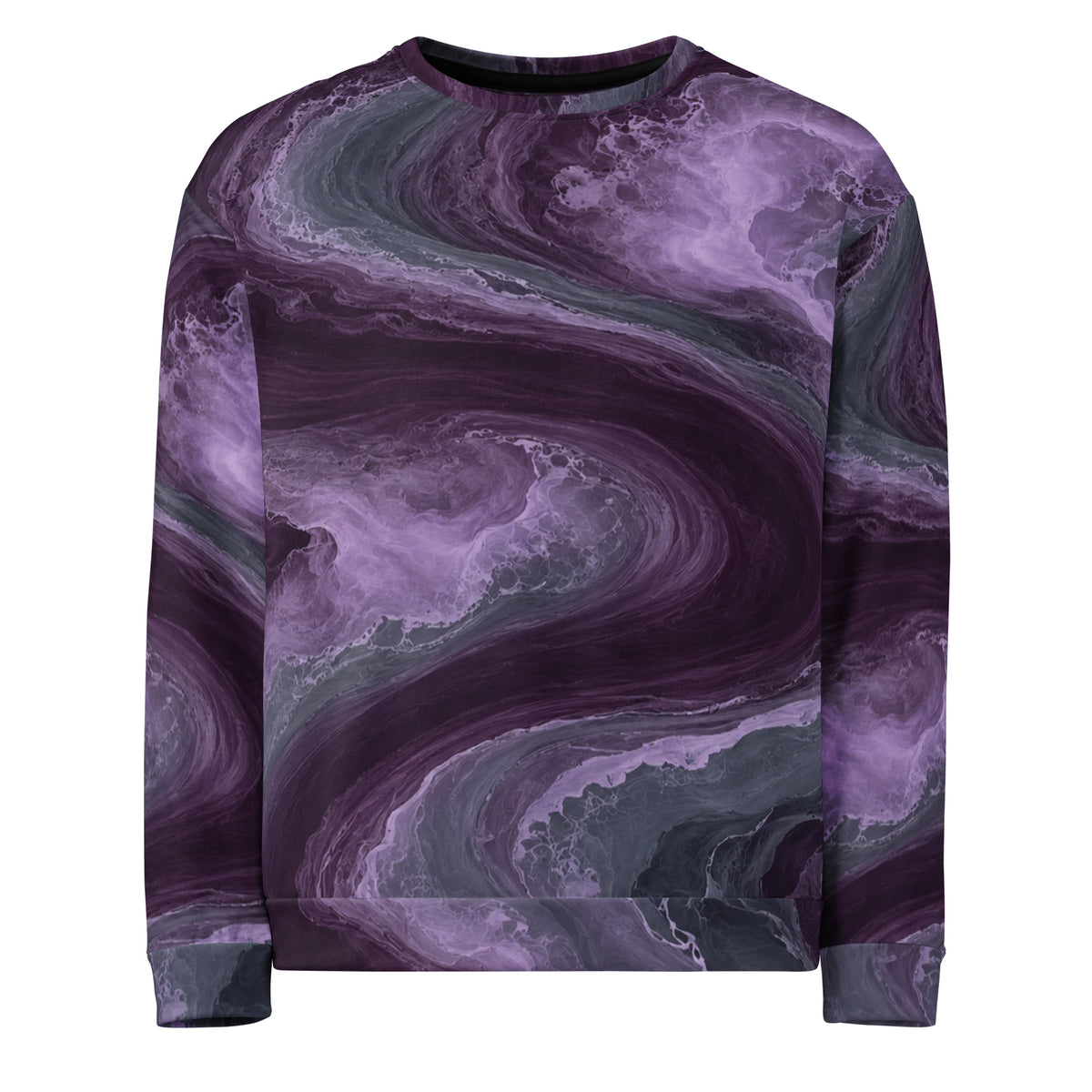Amethyst Vortex unisex sweatshirt, front view – amethyst purple, charcoal and plum marble print