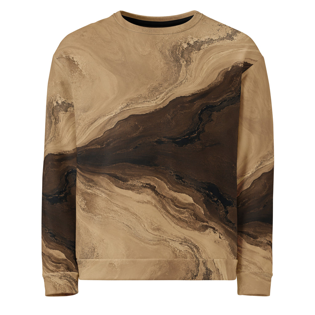 Terra Strata unisex sweatshirt, front view – beige, chocolate brown and charcoal marble print