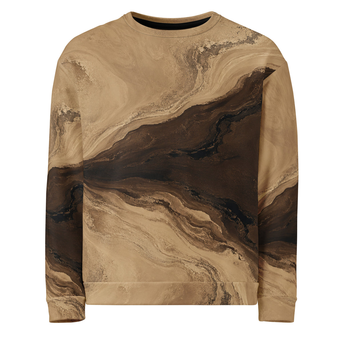 Terra Strata unisex sweatshirt, front view – beige, chocolate brown and charcoal marble print