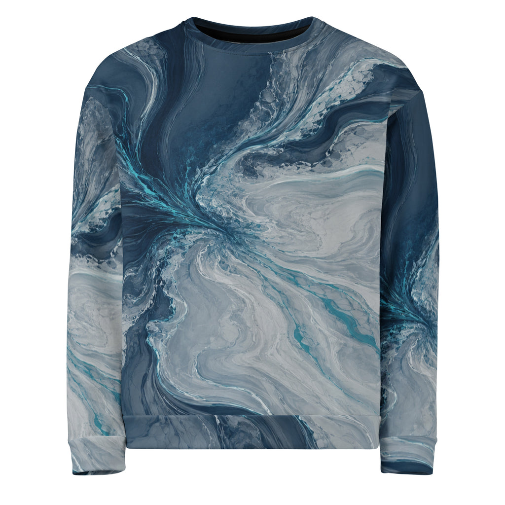 Tidal Convergence unisex sweatshirt, front view – navy, slate grey and turquoise ocean marble print