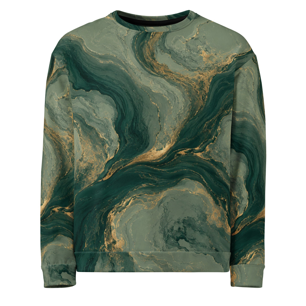 Emerald Current unisex sweatshirt, front view – forest green, sage and gold marble print