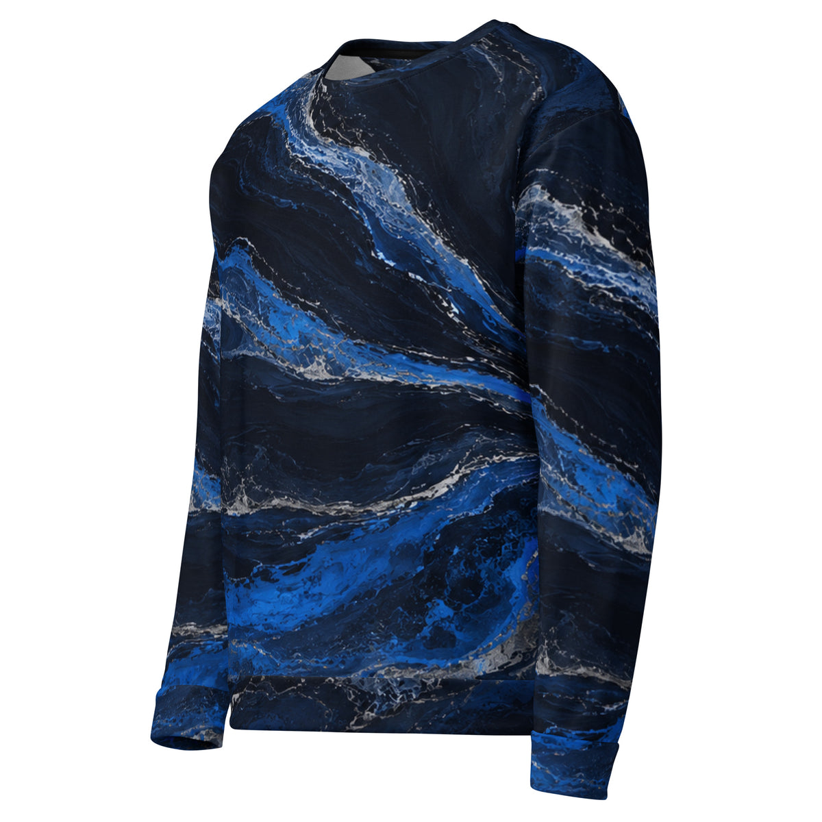 Cobalt Compression unisex sweatshirt with navy and electric blue abstract print angled view