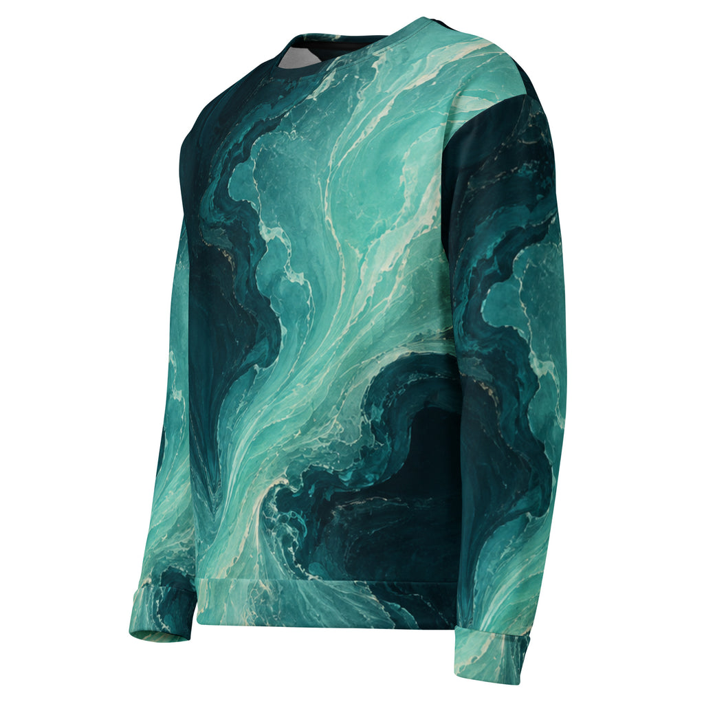 Angled front view of Petrol Drift Aqua Passage all-over print sweatshirt with turquoise fluid art design