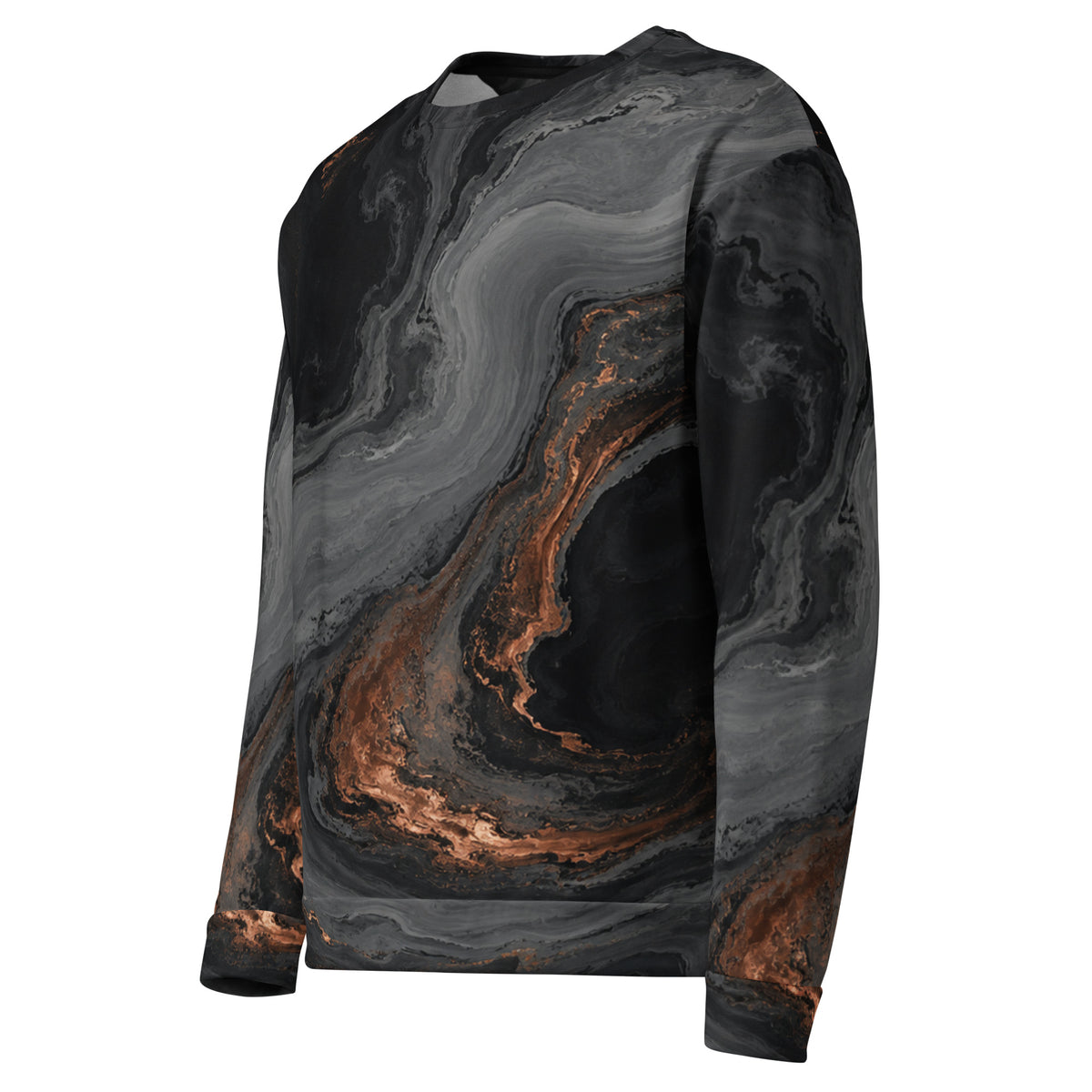 Molten Obsidian unisex sweatshirt, angled front view – charcoal black and copper marble print