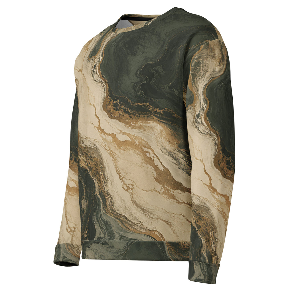Verdant Strata unisex sweatshirt, angled front view – forest green, charcoal and beige marble print