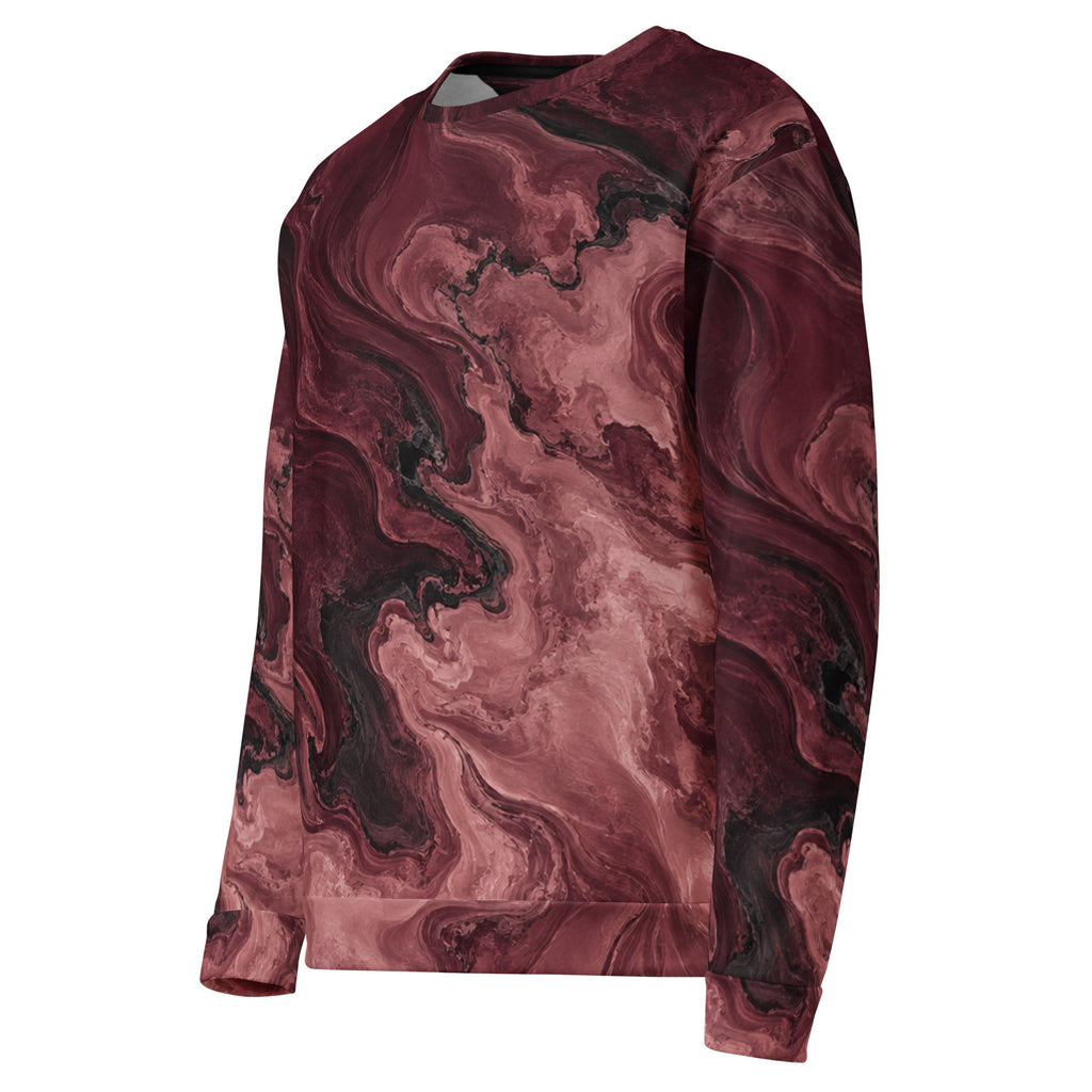 Burgundy Eclipse unisex sweatshirt, angled front view – burgundy, rose and black marble print