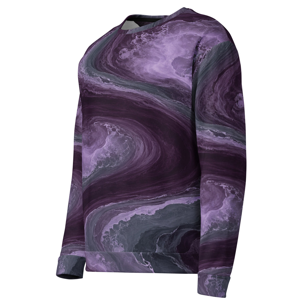 Amethyst Vortex unisex sweatshirt, angled front view – amethyst purple, charcoal and plum marble print