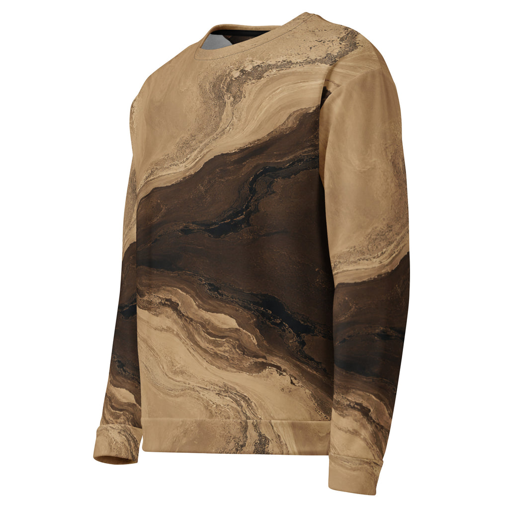 Terra Strata unisex sweatshirt, angled front view – beige, chocolate brown and charcoal marble print