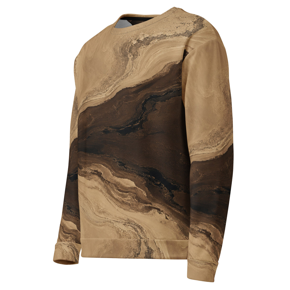 Terra Strata unisex sweatshirt, angled front view – beige, chocolate brown and charcoal marble print