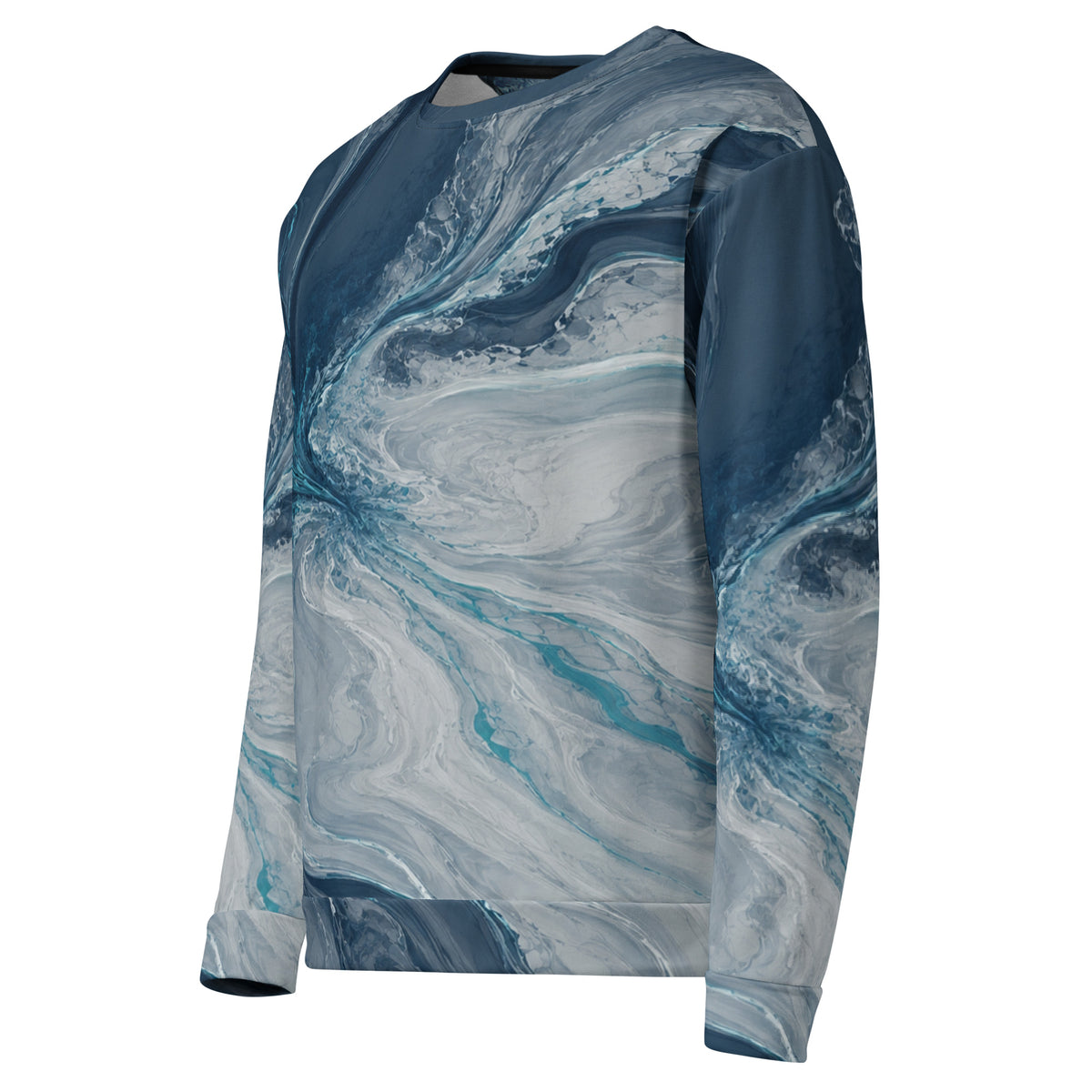 Tidal Convergence unisex sweatshirt, angled front view – navy, slate grey and turquoise ocean marble print