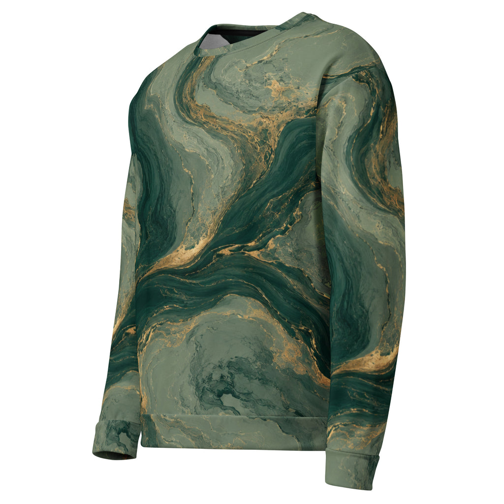 Emerald Current unisex sweatshirt, angled front view – forest green, sage and gold marble print