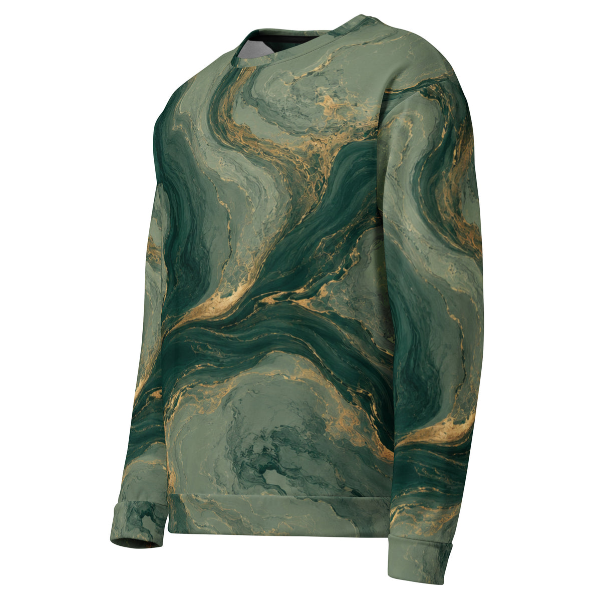 Emerald Current unisex sweatshirt, angled front view – forest green, sage and gold marble print