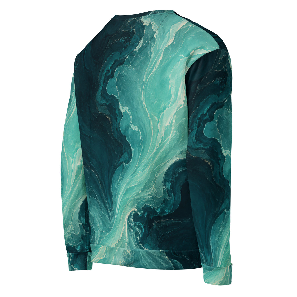 Angled rear view of abstract aqua and petrol-blue unisex sweatshirt showing printed sleeves and back
