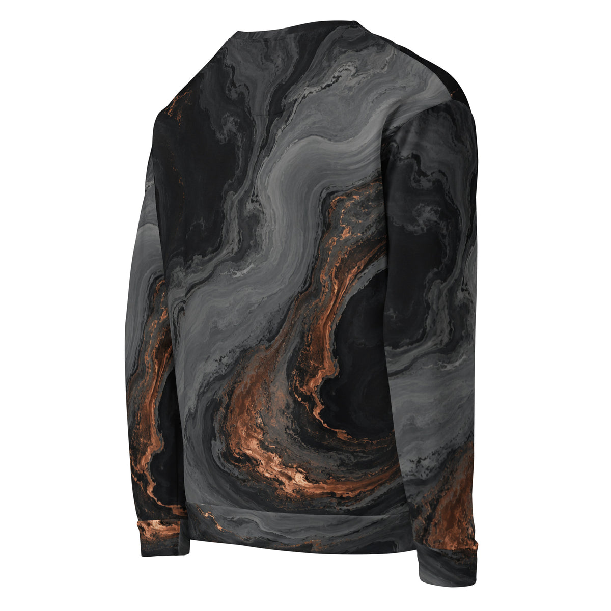 Molten Obsidian unisex sweatshirt, angled back view – charcoal black and copper marble print