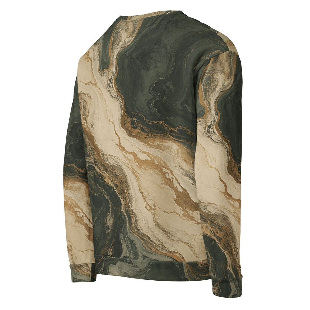 Verdant Strata unisex sweatshirt, angled back view – forest green, charcoal and beige marble print