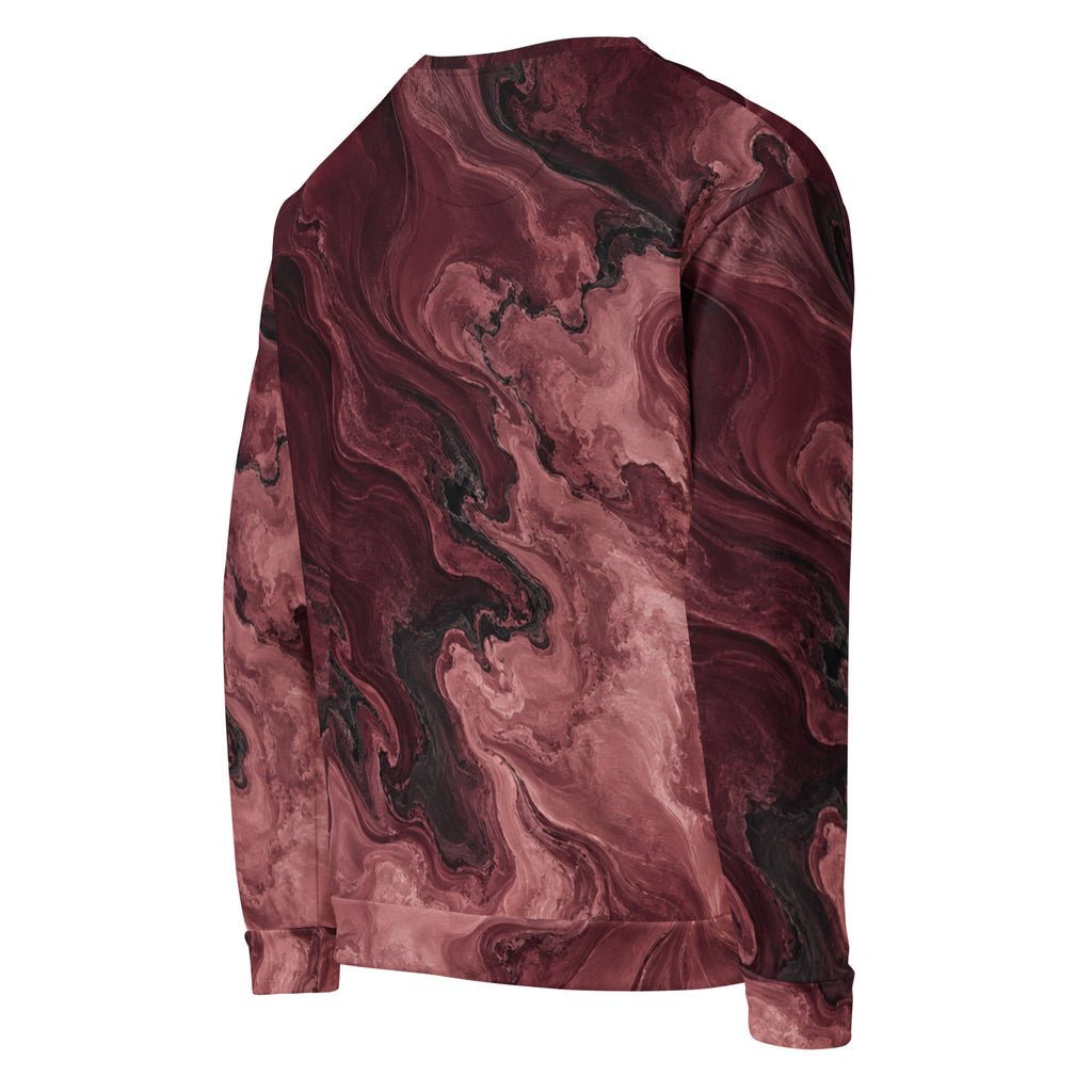 Burgundy Eclipse unisex sweatshirt, angled back view – burgundy, rose and black marble print