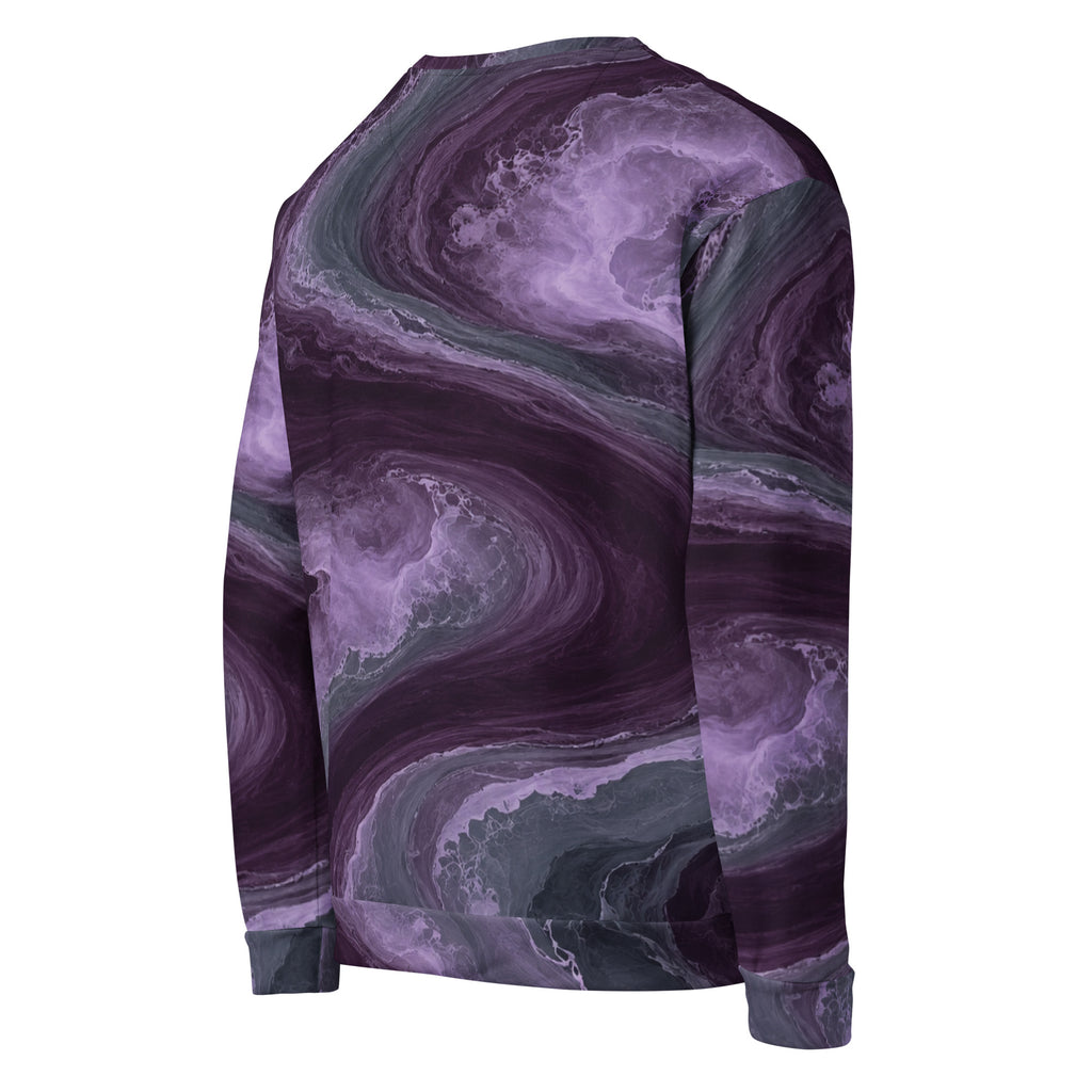 Amethyst Vortex unisex sweatshirt, angled back view – amethyst purple, charcoal and plum marble print
