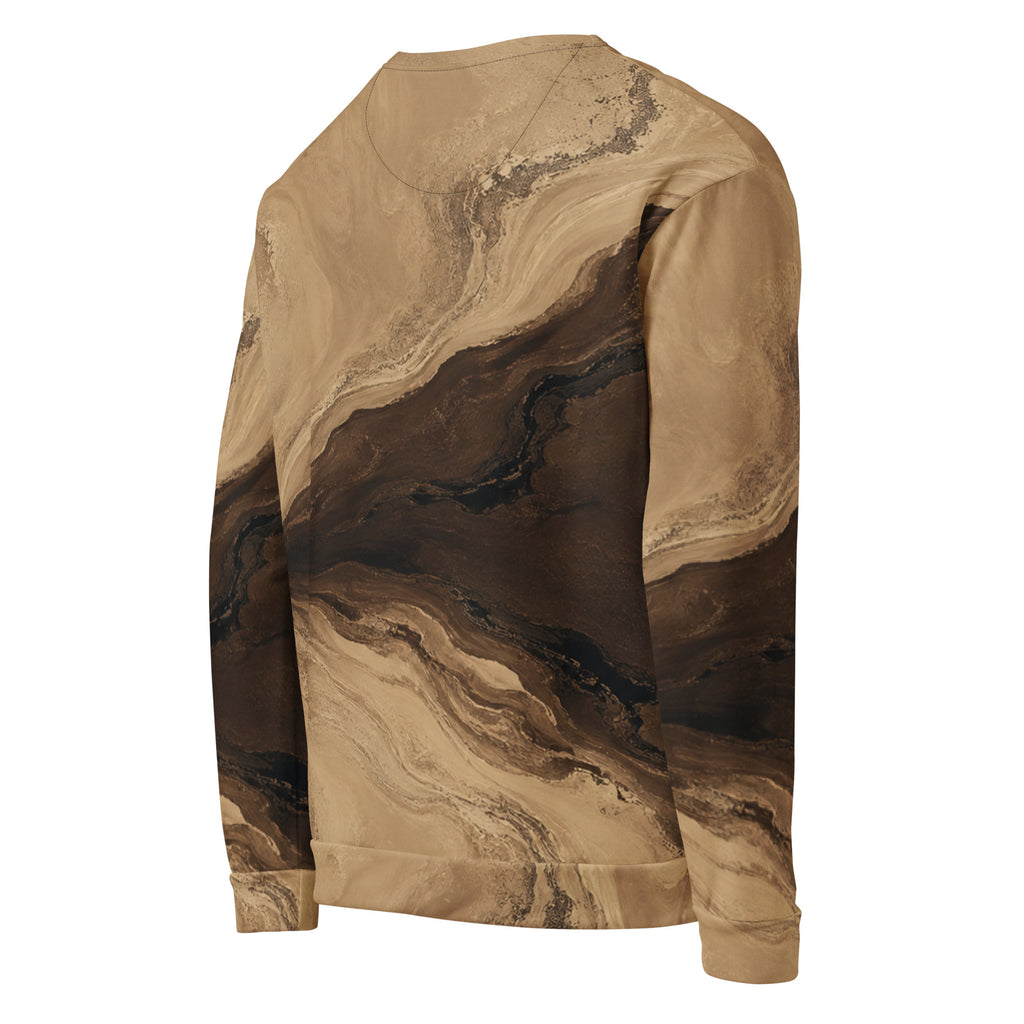 Terra Strata unisex sweatshirt, angled back view – beige, chocolate brown and charcoal marble print