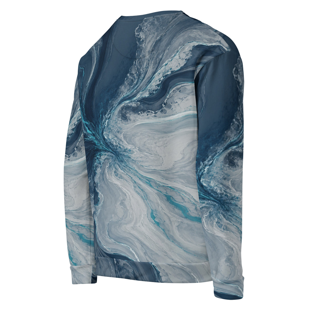Tidal Convergence unisex sweatshirt, angled back view – navy, slate grey and turquoise ocean marble print