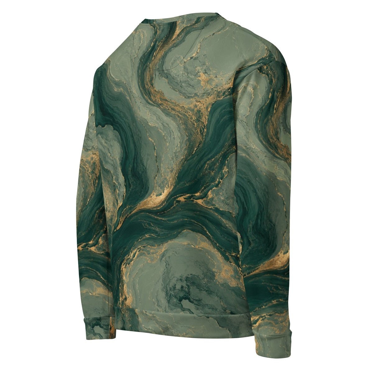 Emerald Current unisex sweatshirt, angled back view – forest green, sage and gold marble print