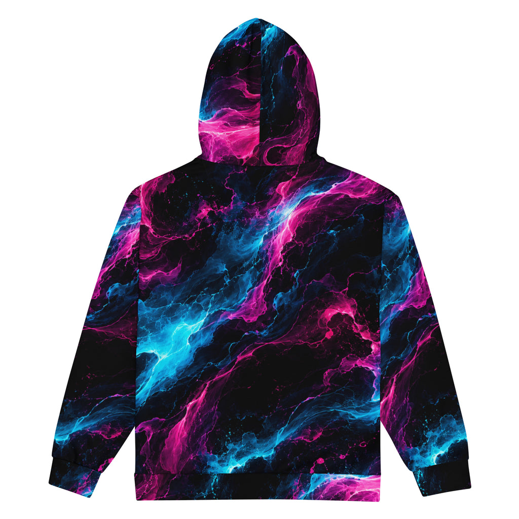 Neon Vortex unisex zip hoodie, back view – cyan, magenta and black nebula print