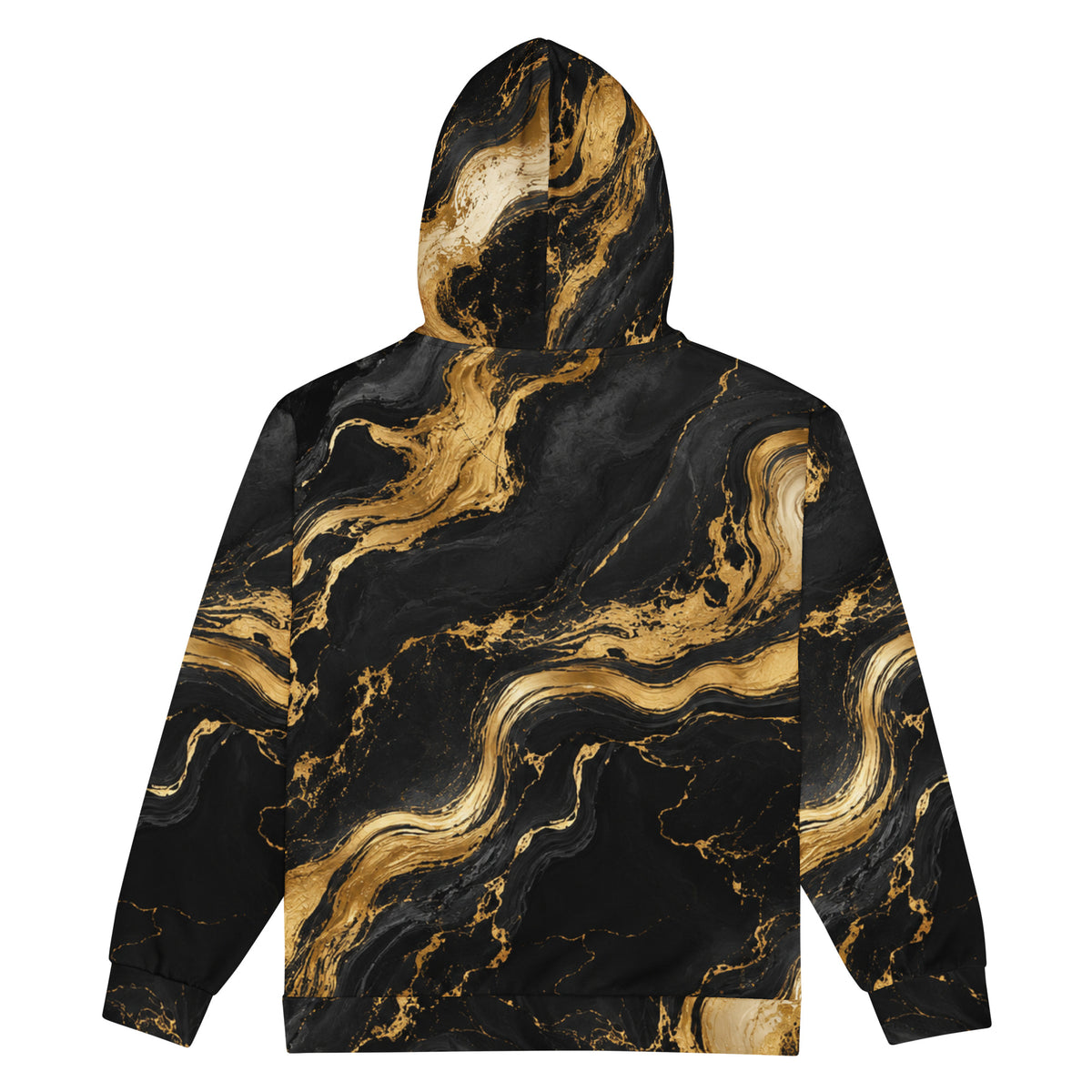 ZAVIOR GLOBAL Golden Oro unisex zip hoodie front view with black and gold abstract marble print