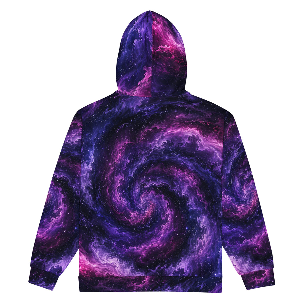 Cosmic Vortex unisex zip hoodie, back view – violet, purple and black nebula print