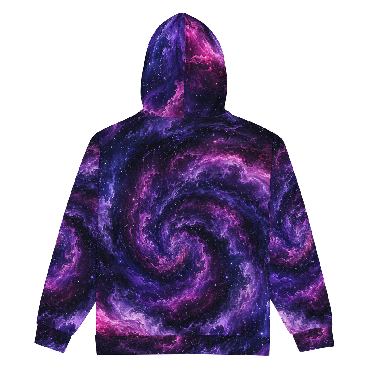 Cosmic Vortex unisex zip hoodie, back view – violet, purple and black nebula print
