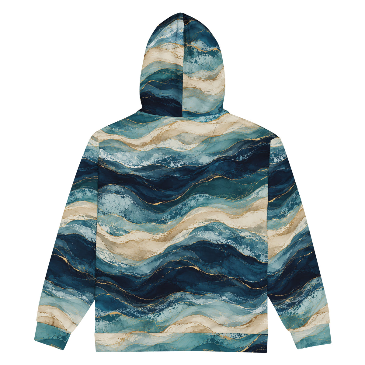 Oceanic Strata unisex zip hoodie, back view – navy, teal and sandy beige layered print