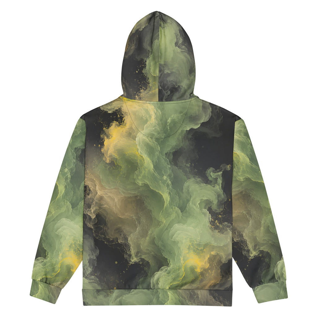 Verdant Shadow unisex zip hoodie, back view – olive green, charcoal and moss abstract camo print