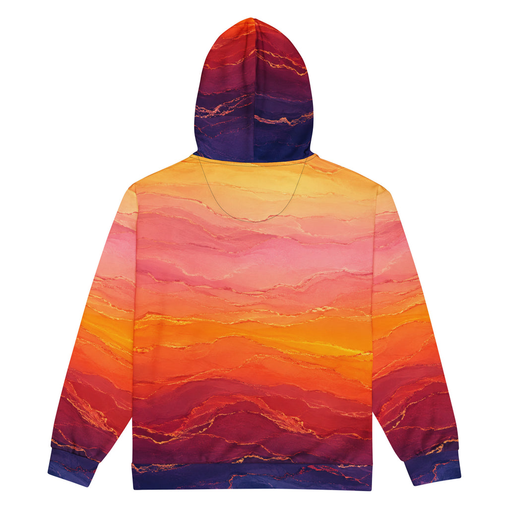 Solar Horizon unisex zip hoodie, back view – golden, orange and violet sunset gradient print