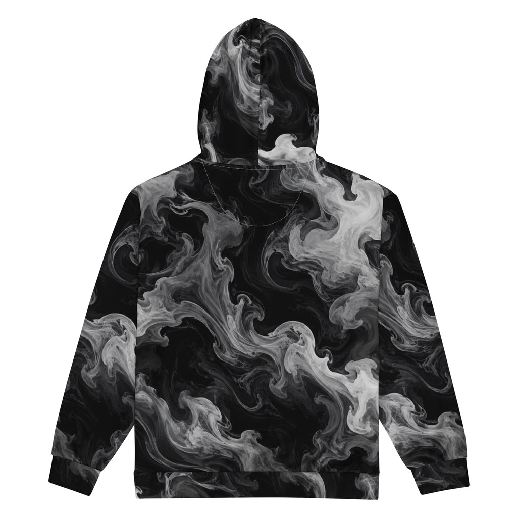 Phantom Smoke unisex zip hoodie, back view – black and grey smoke print