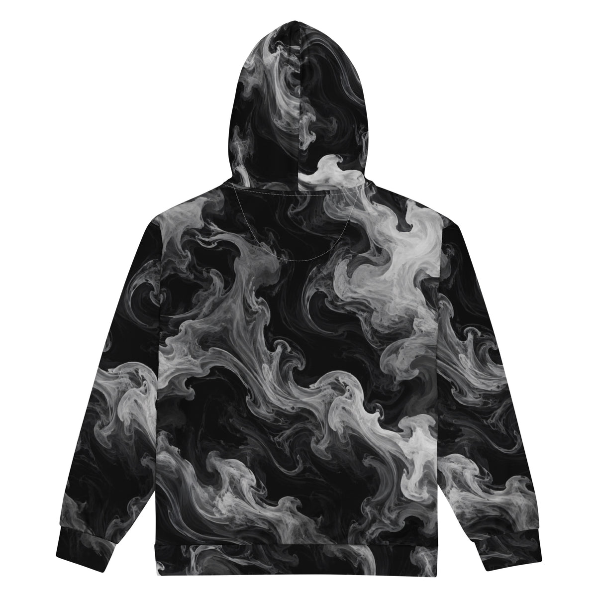Phantom Smoke unisex zip hoodie, back view – black and grey smoke print