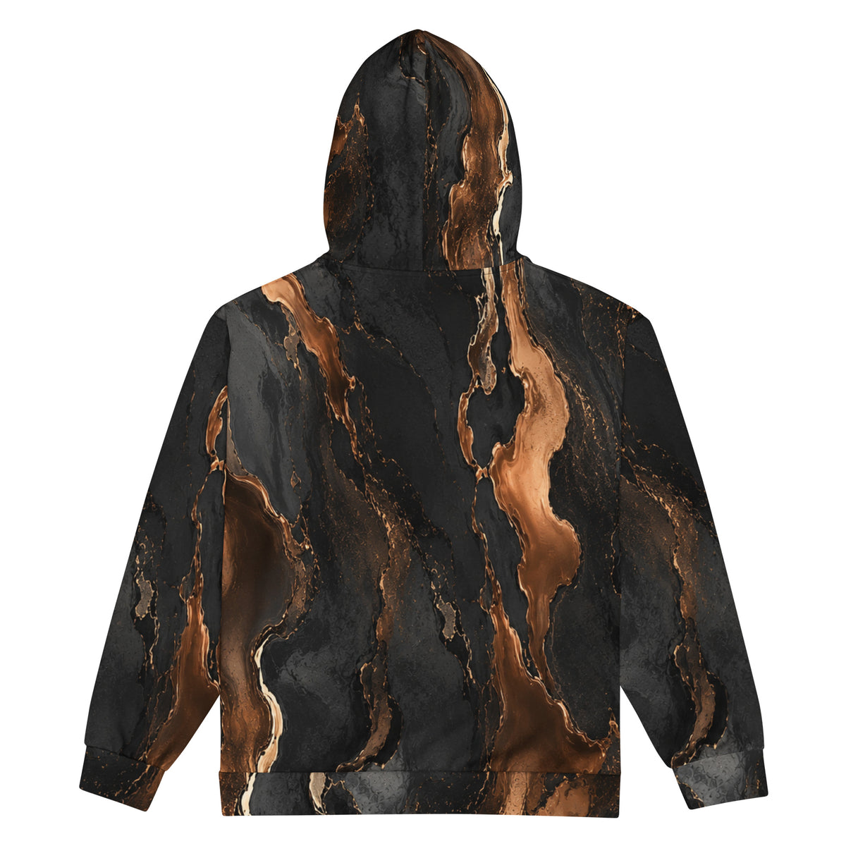 Back view of Molten Ember black and bronze abstract all-over print unisex zip hoodie by ZAVIOR GLOBAL.