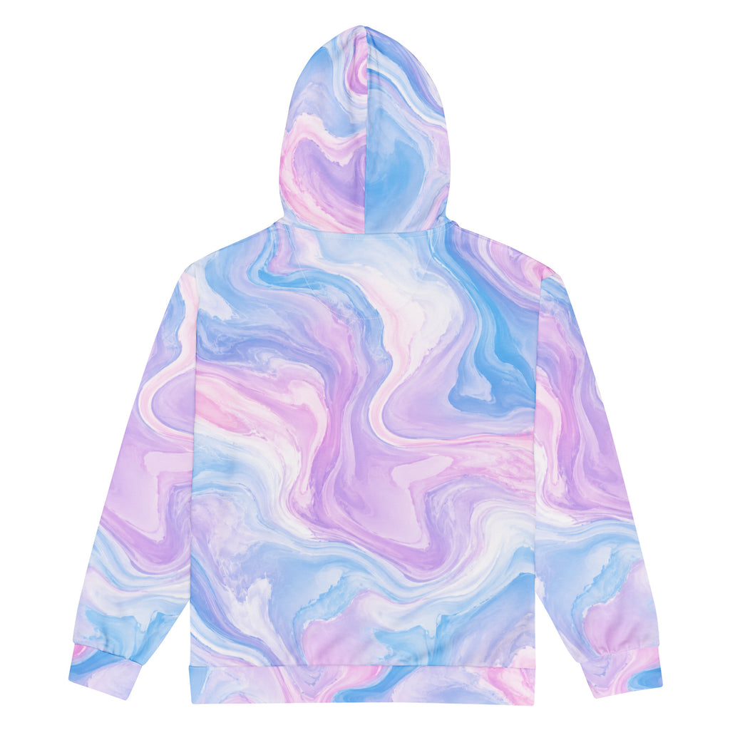 Pastel Mirage unisex zip hoodie, back view – lavender, blush pink and sky blue marble print