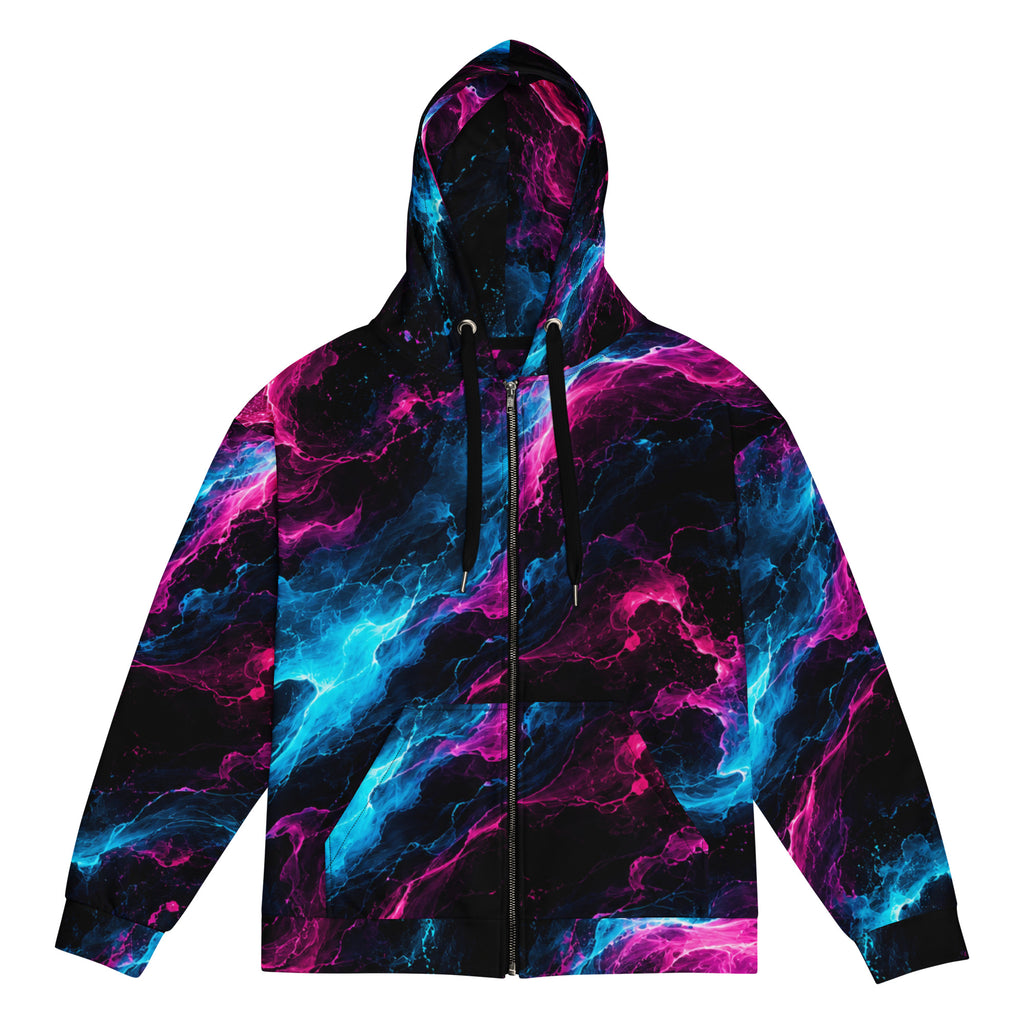 Neon Vortex unisex zip hoodie, front view – cyan, magenta and black nebula print