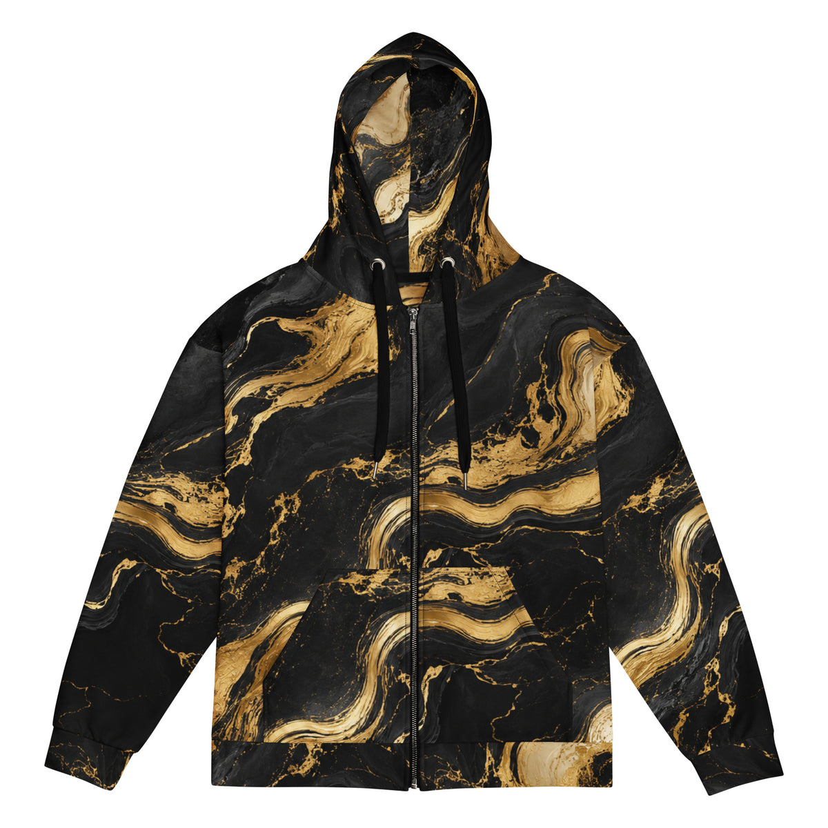 ZAVIOR GLOBAL Golden Oro unisex zip hoodie front view with black and gold abstract marble print