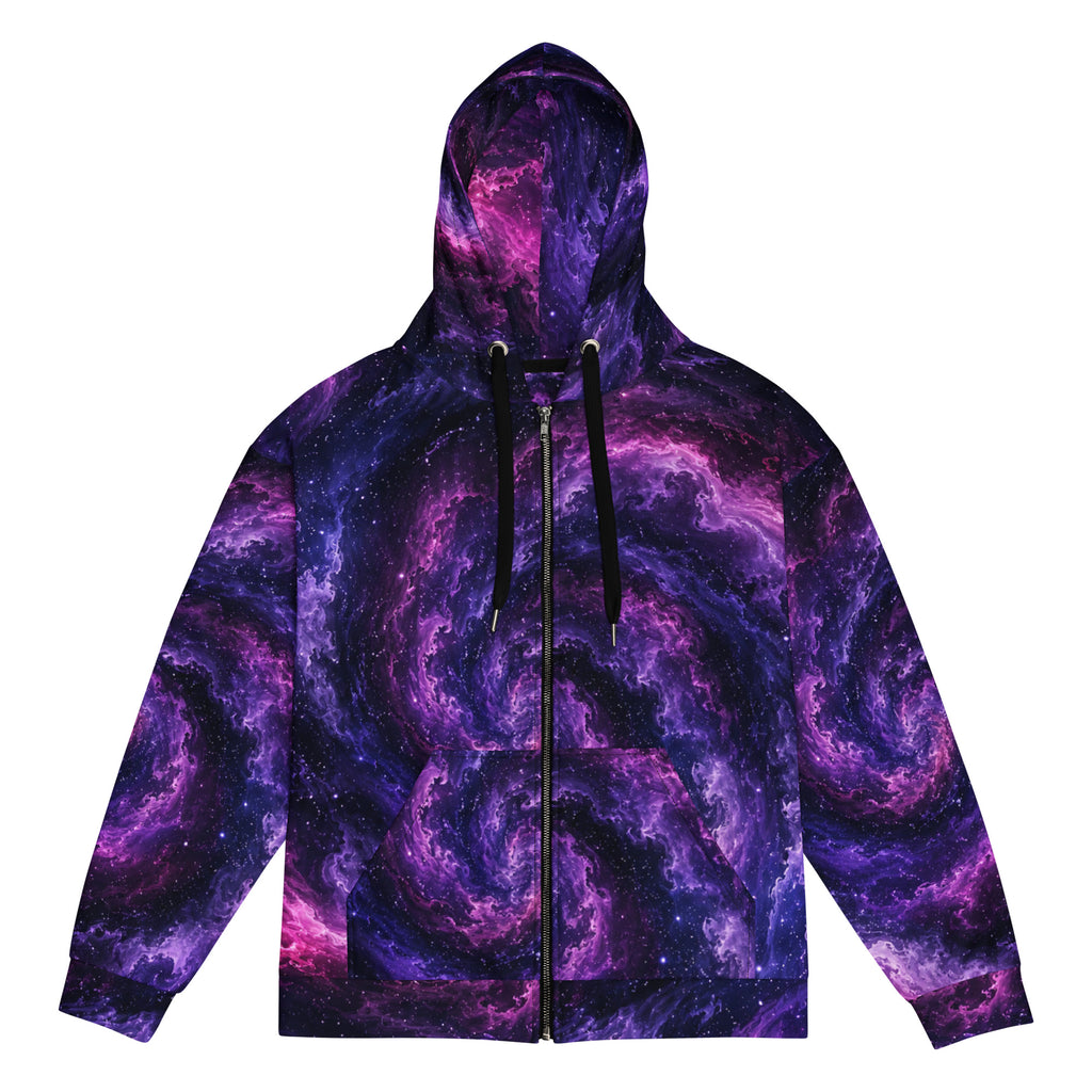 Cosmic Vortex unisex zip hoodie, front view – violet, purple and black nebula print