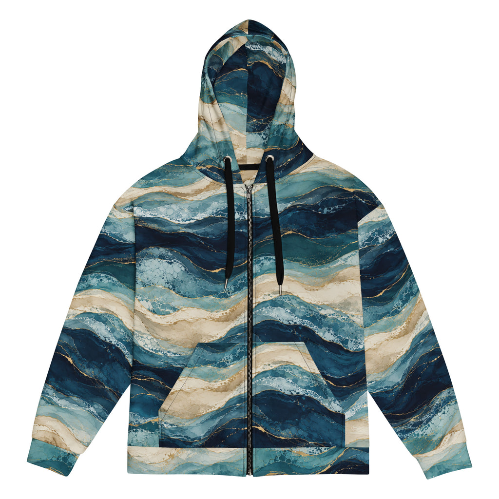 Oceanic Strata unisex zip hoodie, front view – navy, teal and sandy beige layered print
