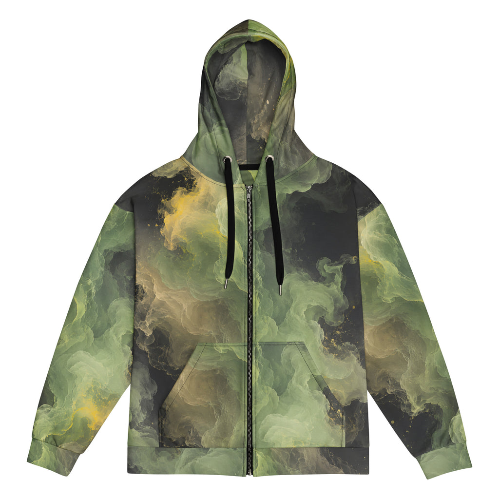 Verdant Shadow unisex zip hoodie, front view – olive green, charcoal and moss abstract camo print
