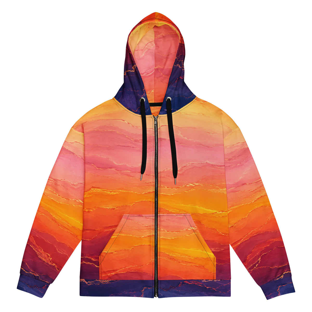 Solar Horizon unisex zip hoodie, front view – golden, orange and violet sunset gradient print