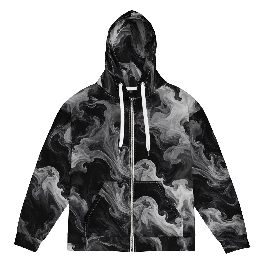 Phantom Smoke unisex zip hoodie, front view – black and grey smoke print