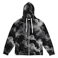 Phantom Smoke unisex zip hoodie, front view – black and grey smoke print