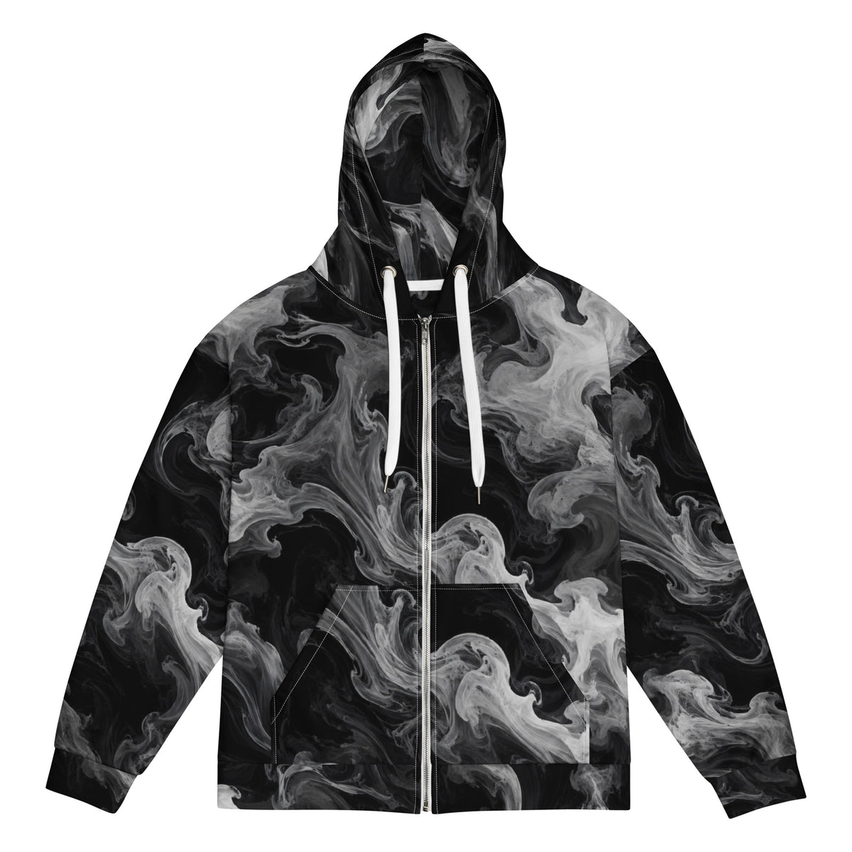 Phantom Smoke unisex zip hoodie, front view – black and grey smoke print