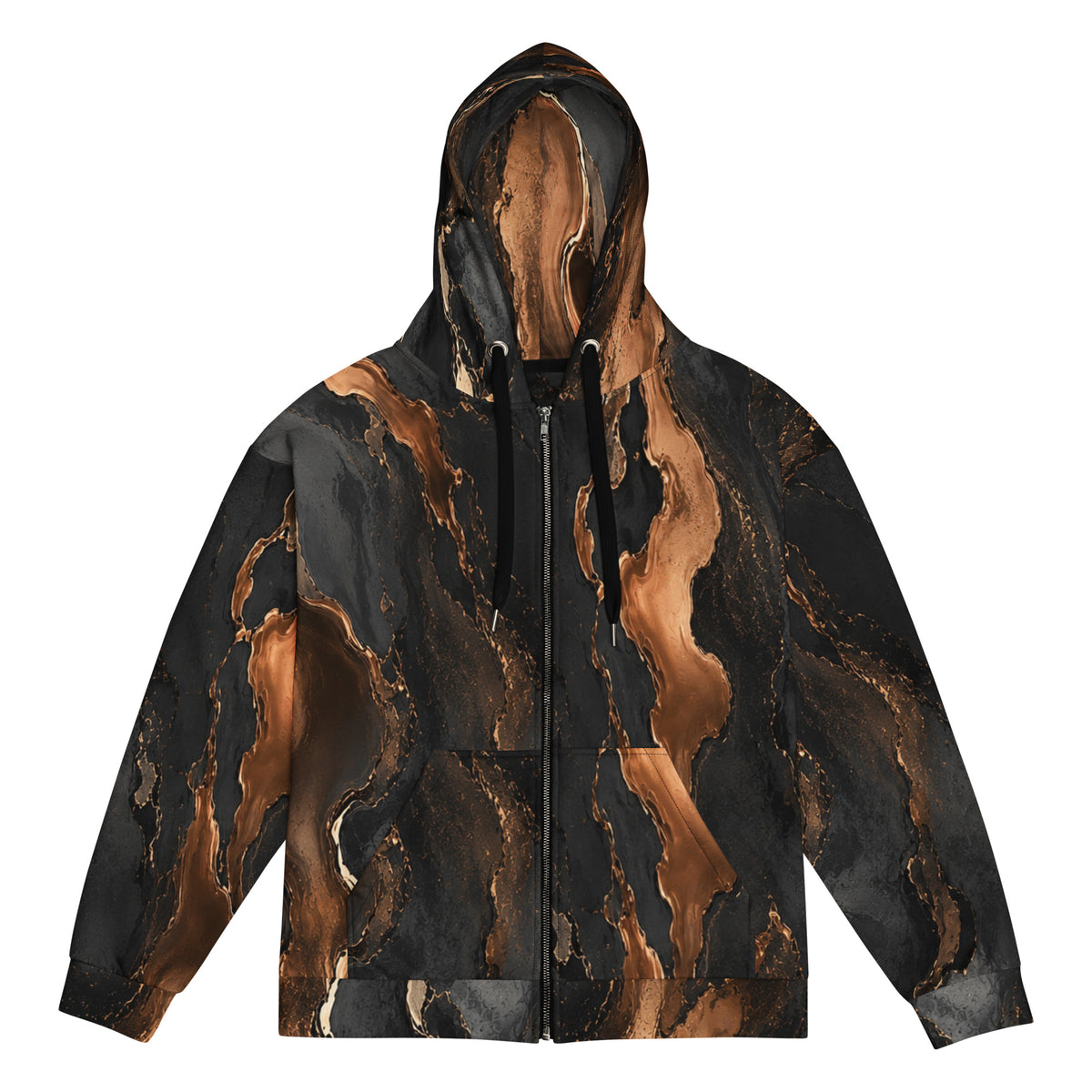 ZAVIOR GLOBAL Molten Ember unisex zip hoodie featuring black and copper molten abstract all-over print artwork, relaxed fit, and full-zip front.