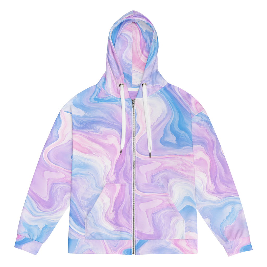 Pastel Mirage unisex zip hoodie, front view – lavender, blush pink and sky blue marble print