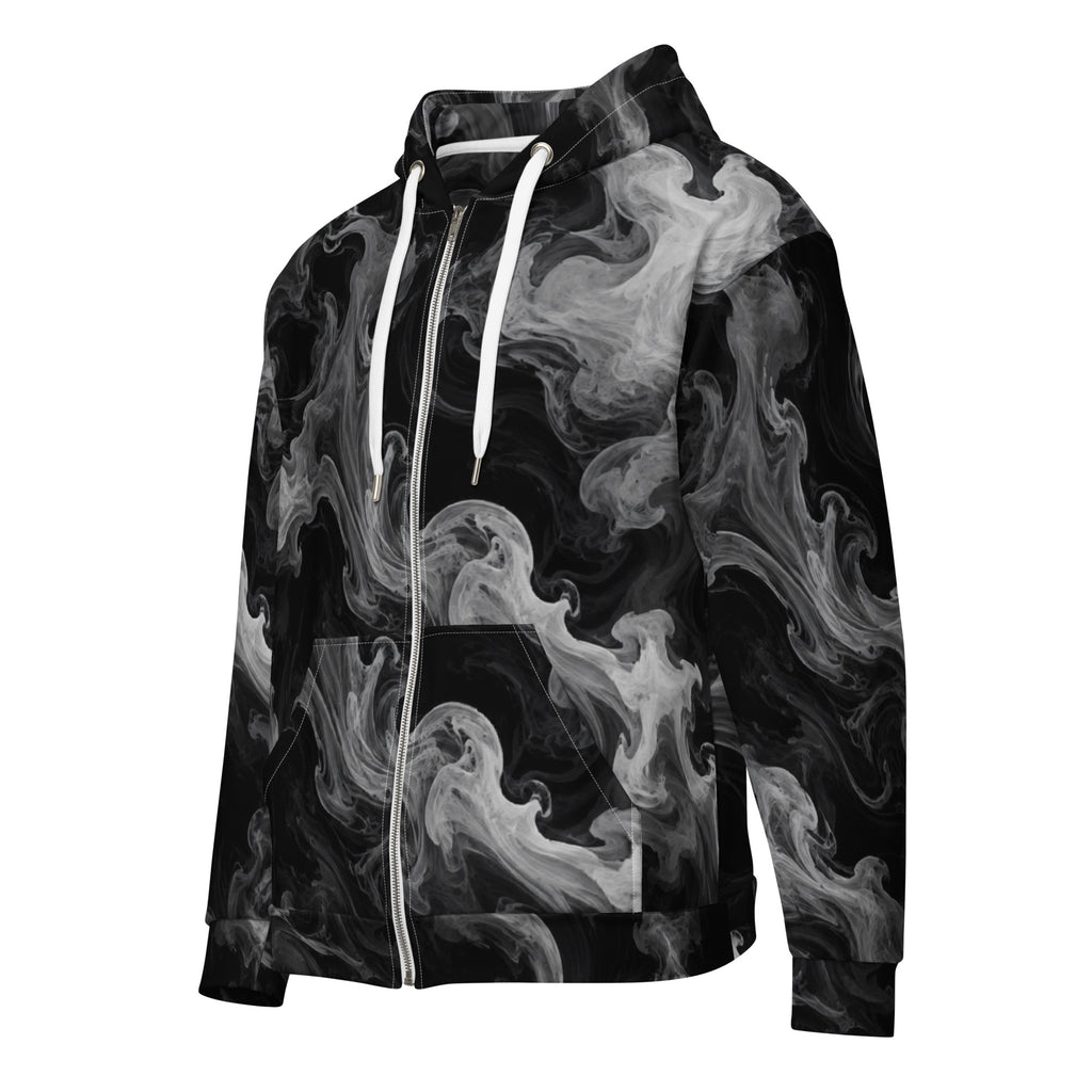 Phantom Smoke unisex zip hoodie, angled front view – black and grey smoke print