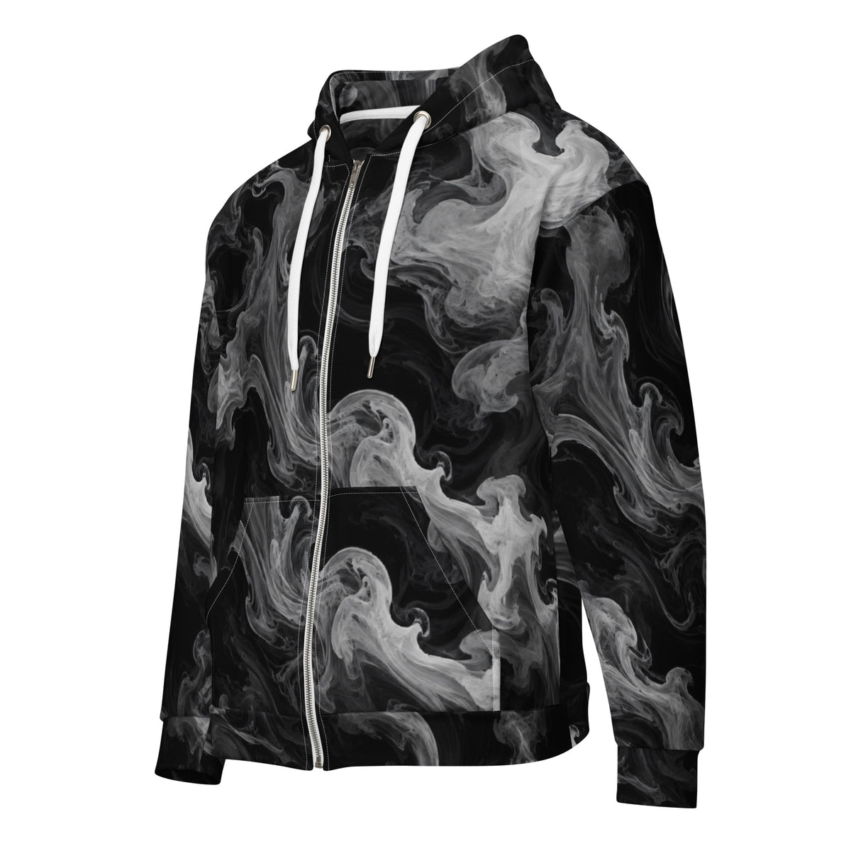 Phantom Smoke unisex zip hoodie, angled front view – black and grey smoke print