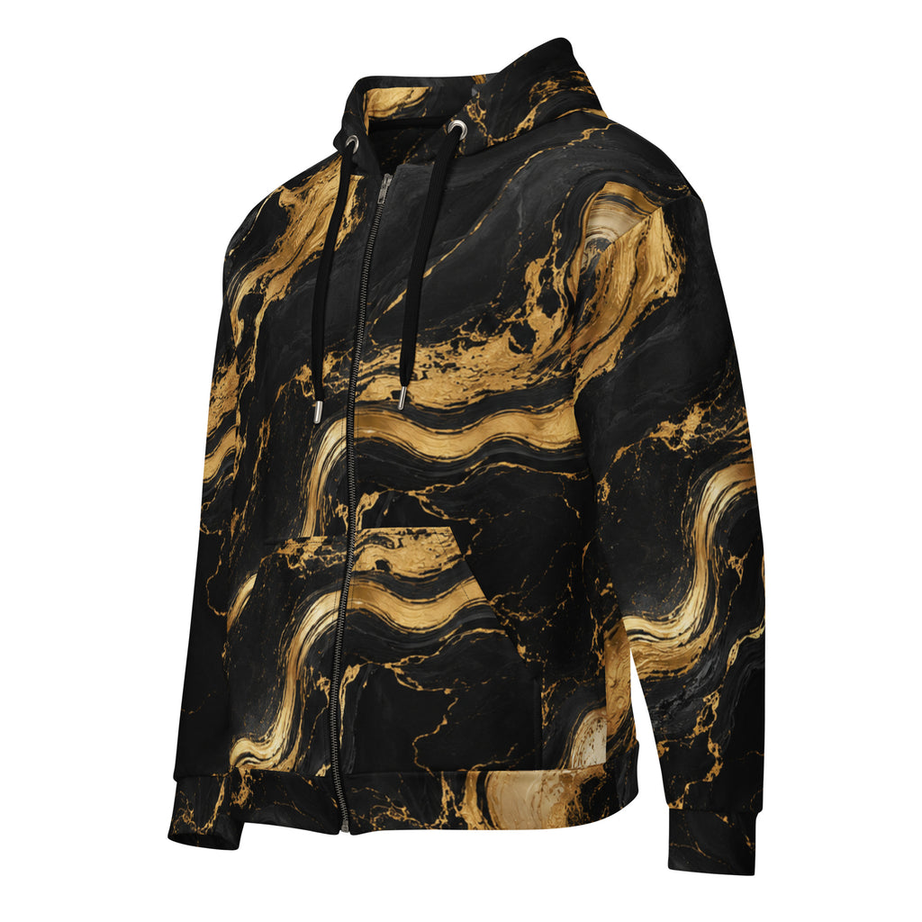 ZAVIOR GLOBAL Golden Oro zip hoodie angled front view with gold marble sleeves and full zipper